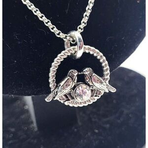 Lia Sophia “Nested” Two Birds w/Cut Crystal Stone Silver Tone Necklace